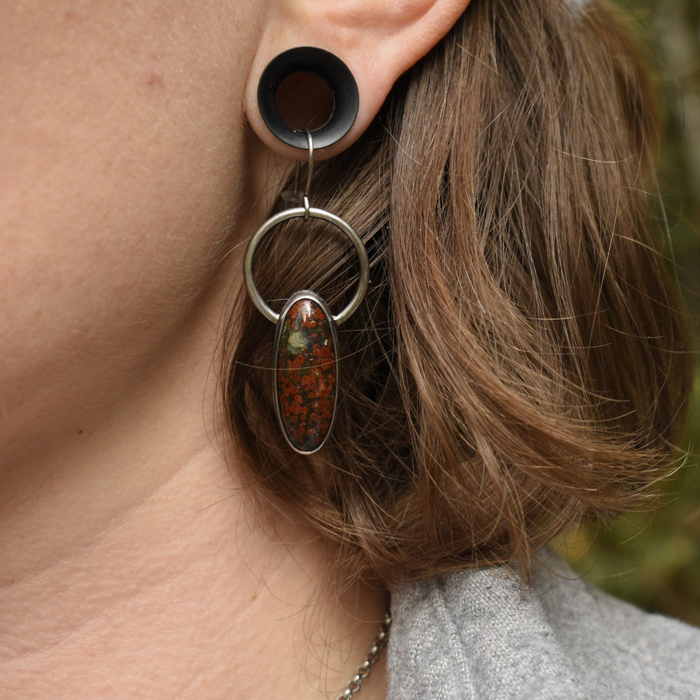 Sterling Silver Orbicular Jasper Hoop Earrings, Titanium Hooks