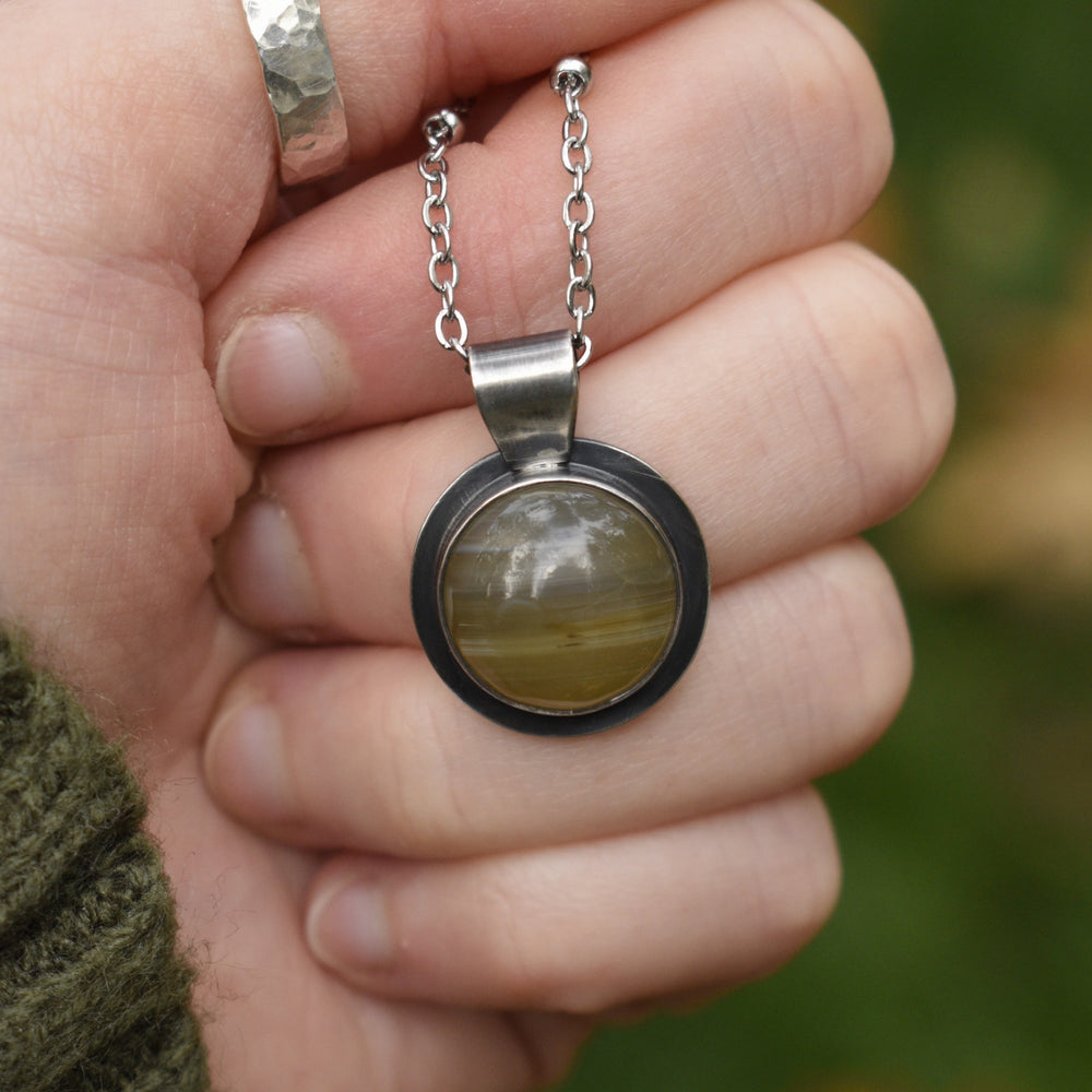 Sterling Silver Yellow Agate Round Pendant Necklace