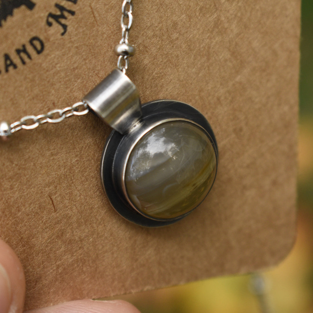 Sterling Silver Yellow Agate Round Pendant Necklace