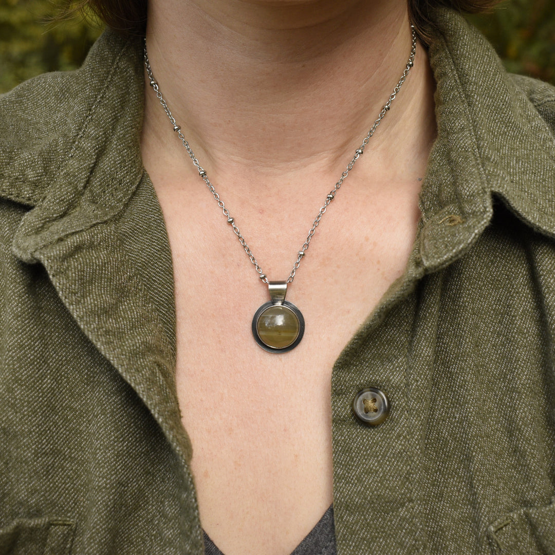 Sterling Silver Yellow Agate Round Pendant Necklace