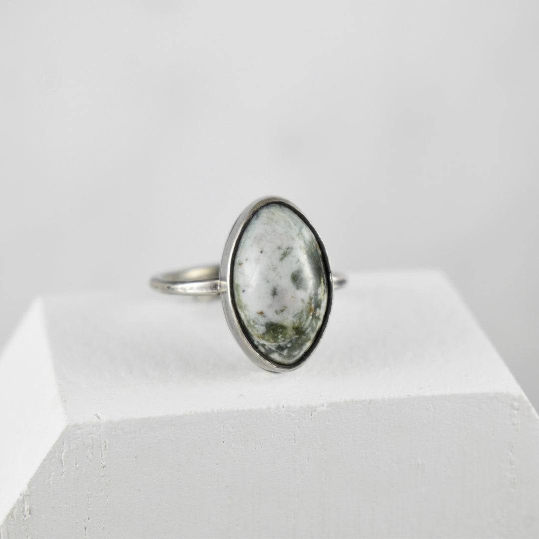 Sterling Silver White Green Jasper Ring, Adjustable