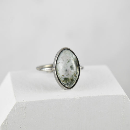 Sterling Silver White Green Jasper Ring, Adjustable