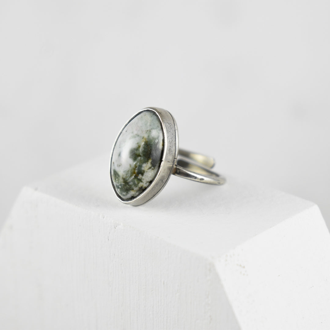 Sterling Silver White Green Jasper Ring, Adjustable