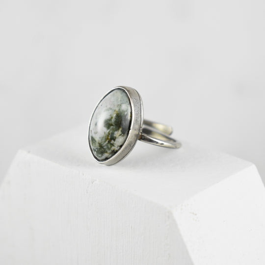 Sterling Silver White Green Jasper Ring, Adjustable