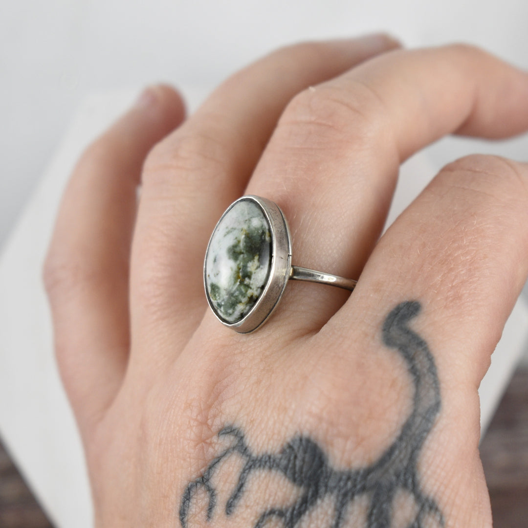 Sterling Silver White Green Jasper Ring, Adjustable