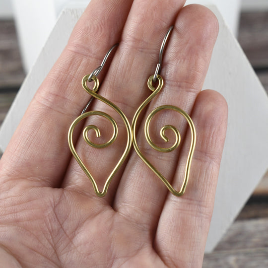Brass Swirly Earrings, Titanium Hooks