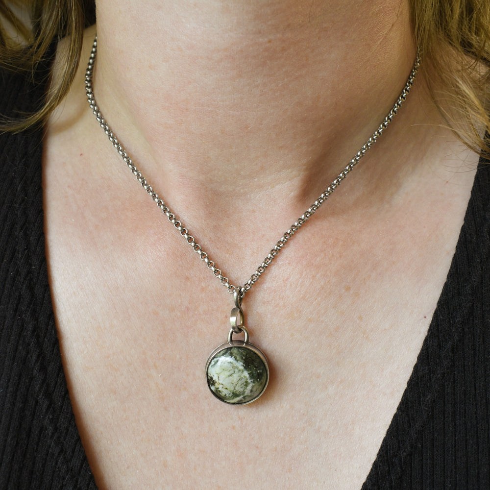 Sterling Silver Green White Jasper Pendant Necklace