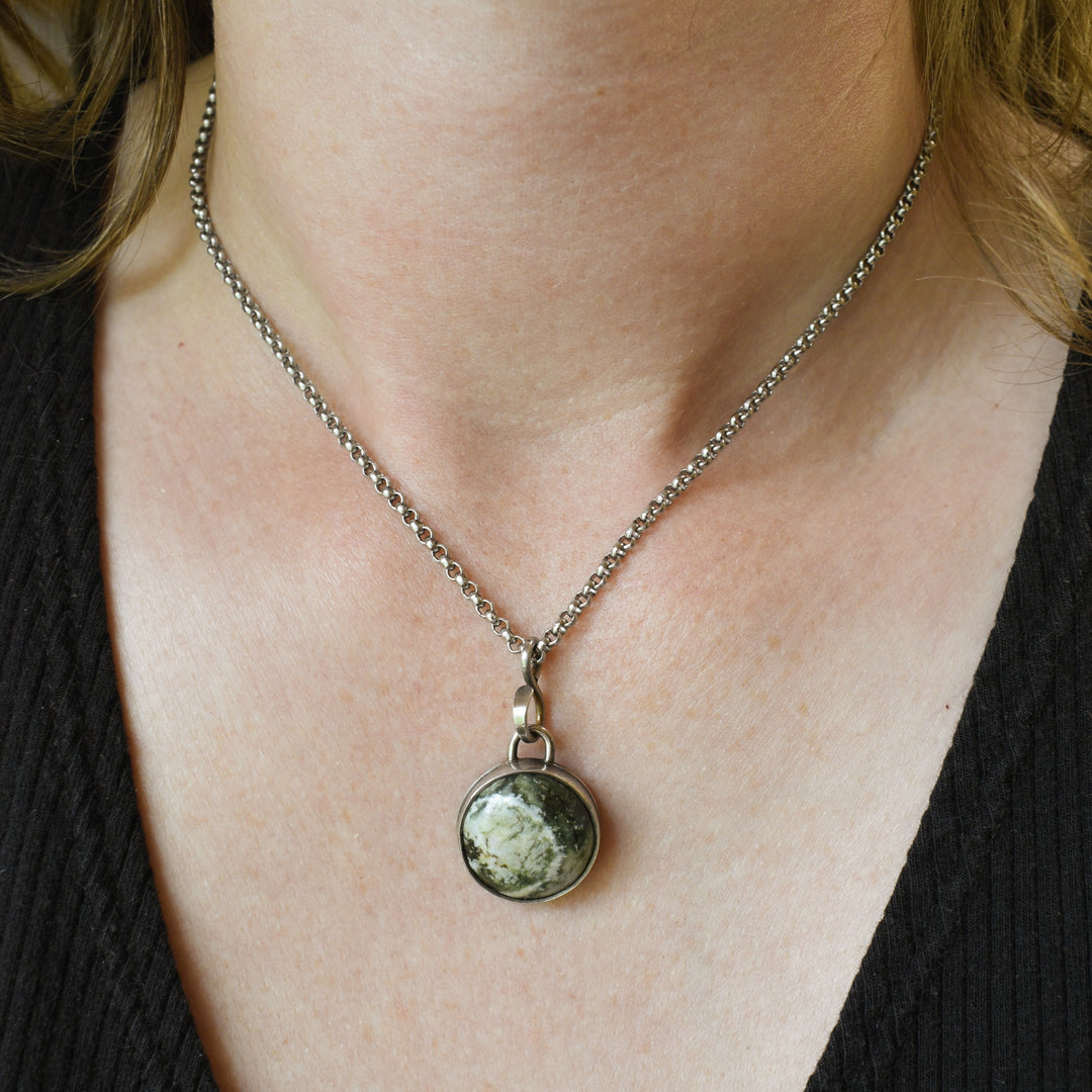 Sterling Silver Green White Jasper Pendant Necklace