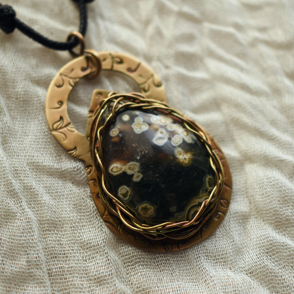 Unique ocean Jasper and brass Metalsmith pendant necklace