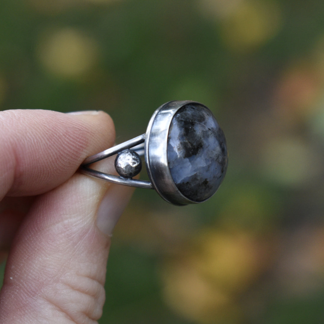 Silver ring with a dark stone held by a hand against a blurred natural background