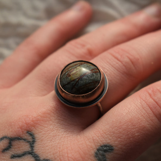 adjustable ring handmade with river jasper, copper and sterling silver
