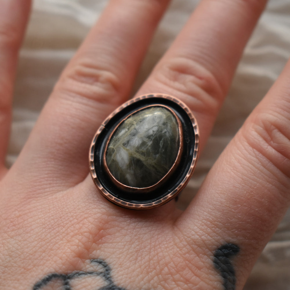 copper statement ring made with green washington state stone
