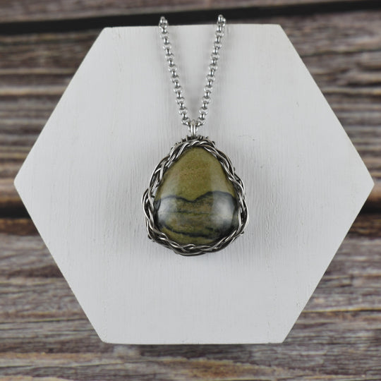 Green Picture Jasper Necklace - Wire Wrapped in Sterling Silver with Custom Chain