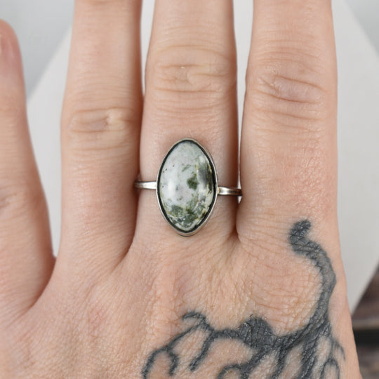 White and Green Jasper Ring in Sterling Silver - Adjustable