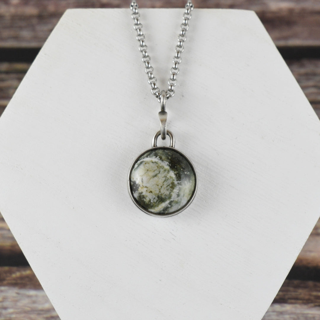 Green and White Jasper Necklace in Sterling Silver with Custom Chain