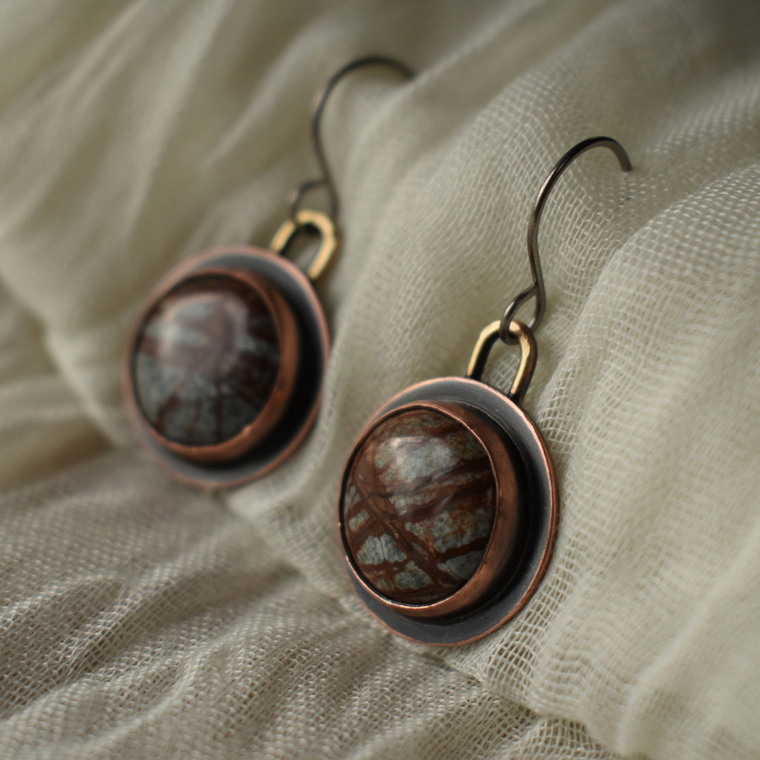 hypoallergenic earrings made with river jasper, copper and brass