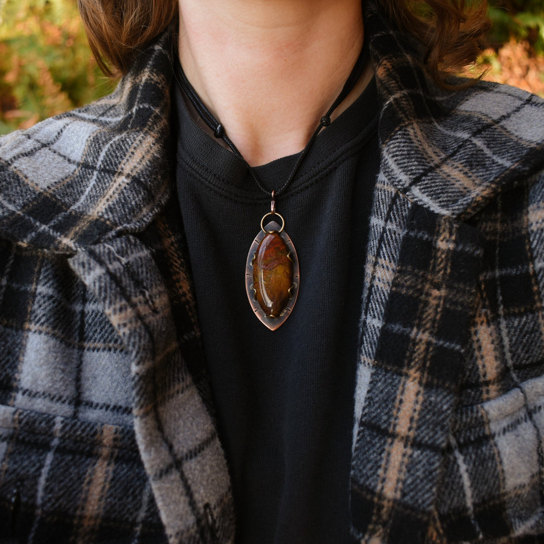 brass and copper pendant necklace with washington jasper