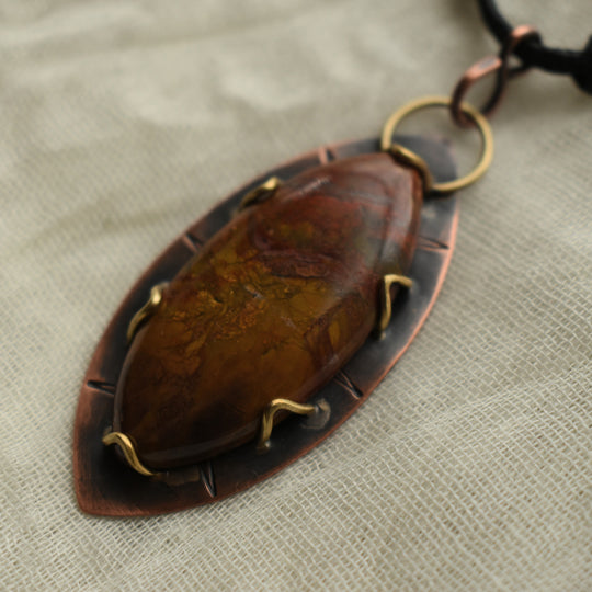 handmade jasper pendant necklace in copper and brass