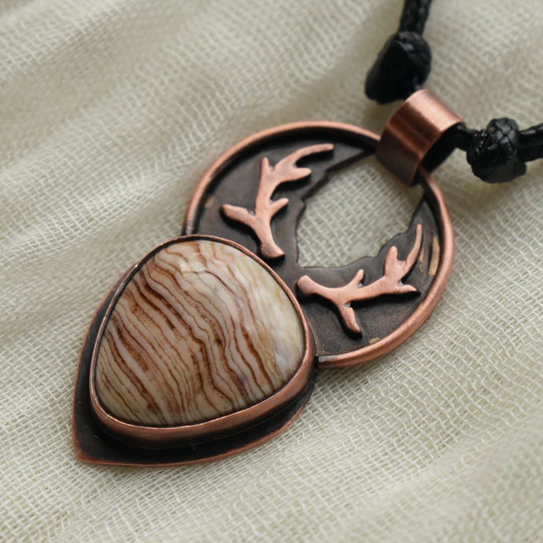 Petrified Wood Deer Antler Copper Pendant Necklace, 1.8 Inches, Hypoallergenic