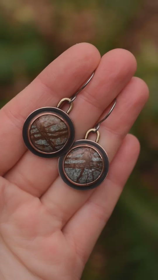 mixed metal earrings made with river jasper, copper and brass.