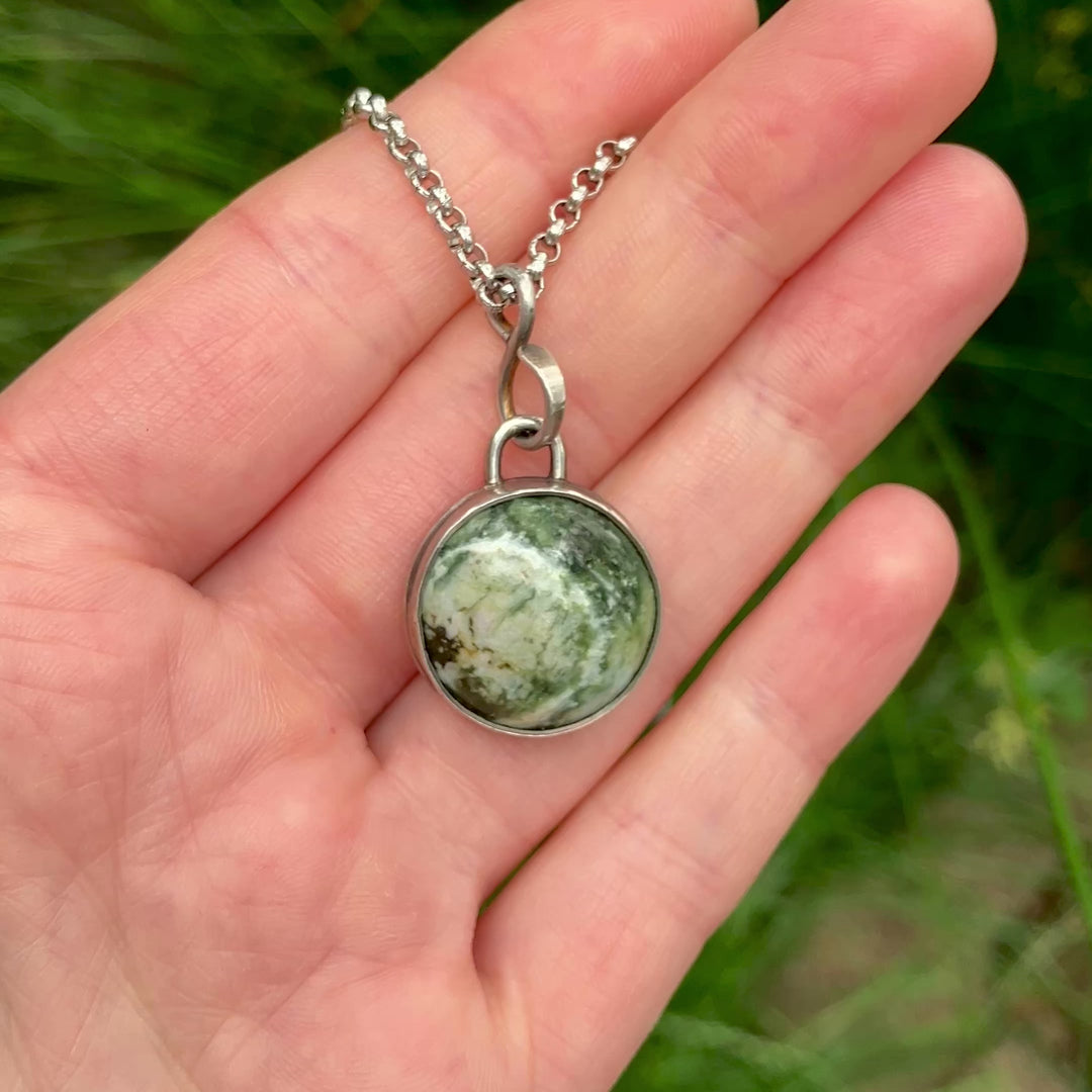 Sterling Silver Green White Jasper Pendant Necklace