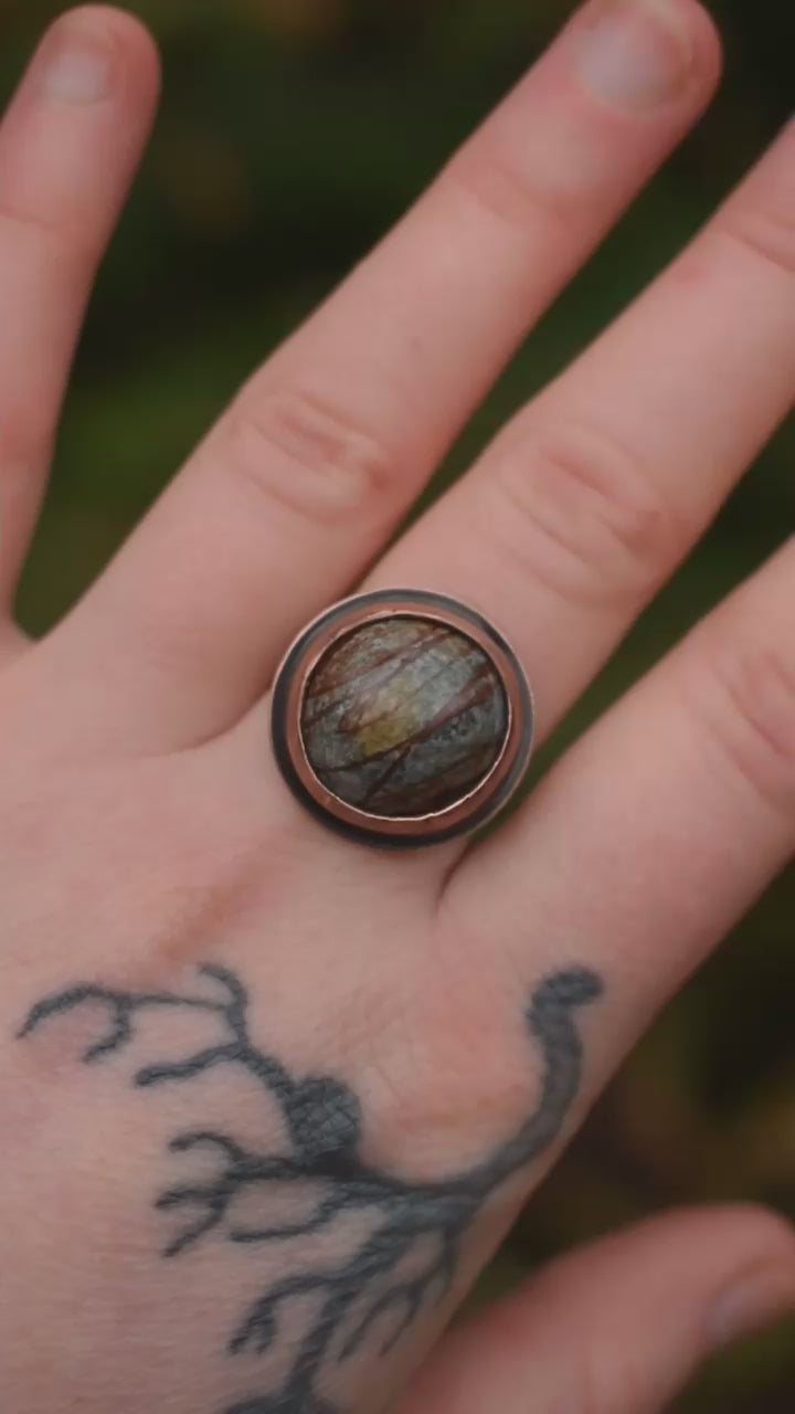 mixed metal ring handcrafted with Washington River Jasper, copper and sterling silver