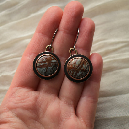 dangle earrings handcrafted with river jasper, copper and brass