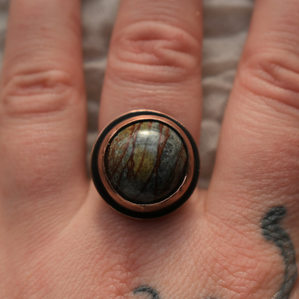 mixed metal ring handcrafted with river jasper from Washington