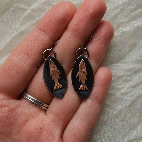 salmon metalsmith earrings