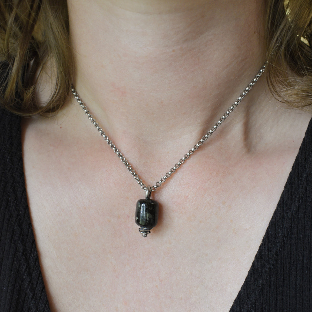 Small Larvikite Necklace in Sterling Silver with Custom Chain