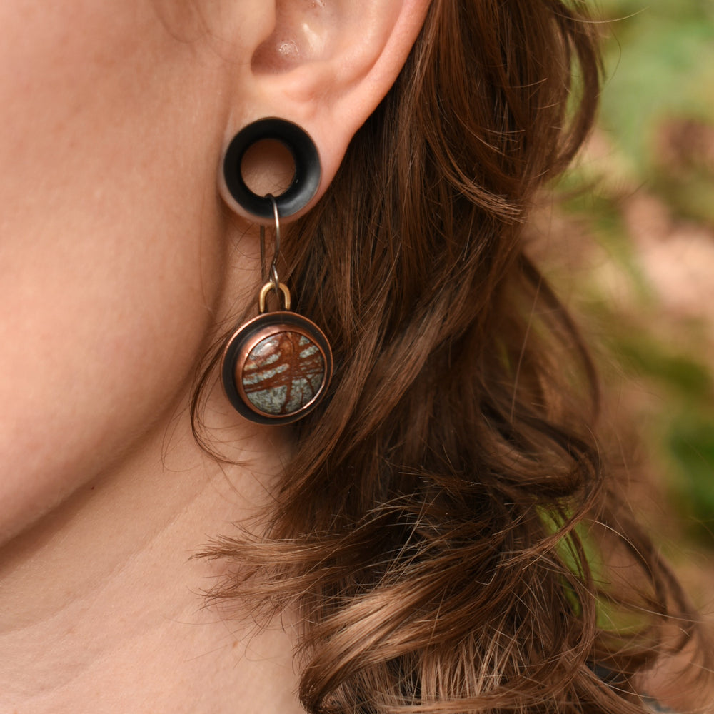 unique earrings handcrafted with river jasper, copper and brass
