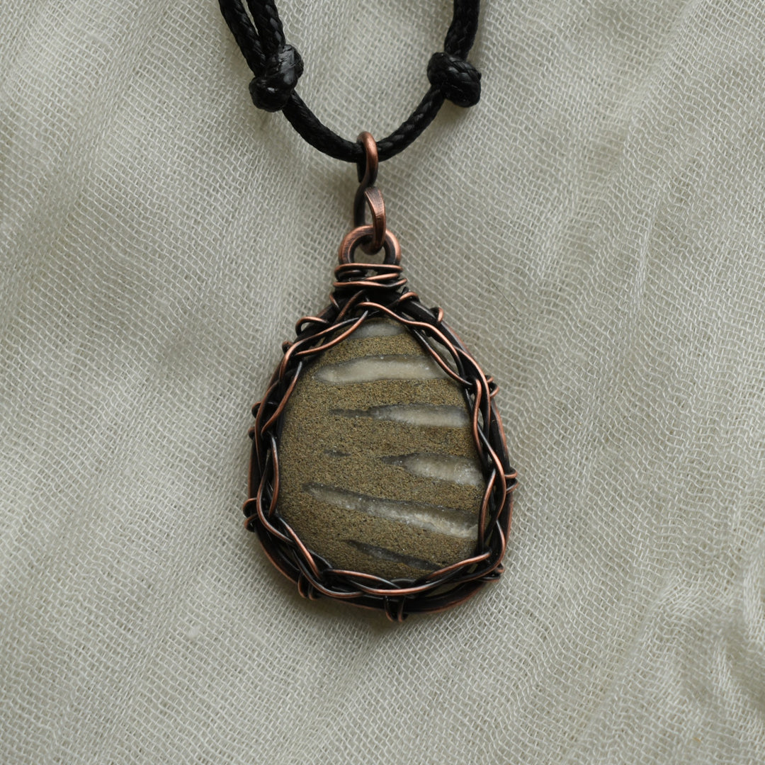 unique wire wrapped clam fossil copper pendant necklace