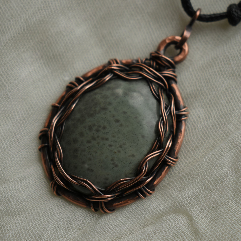 wire wrapped ocean jasper statement copper pendant necklace