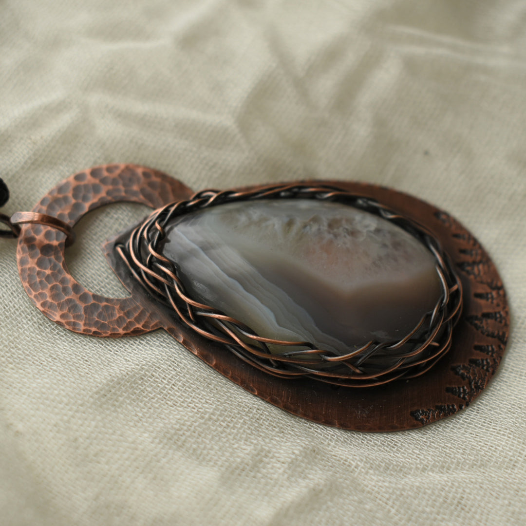 Metalsmith pendant handmade with banded agate and pure copper