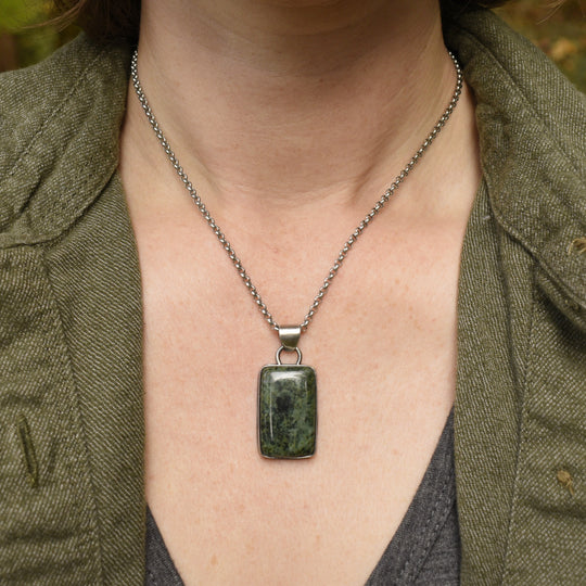 Sterling Silver Jade Rectangular Pendant Necklace