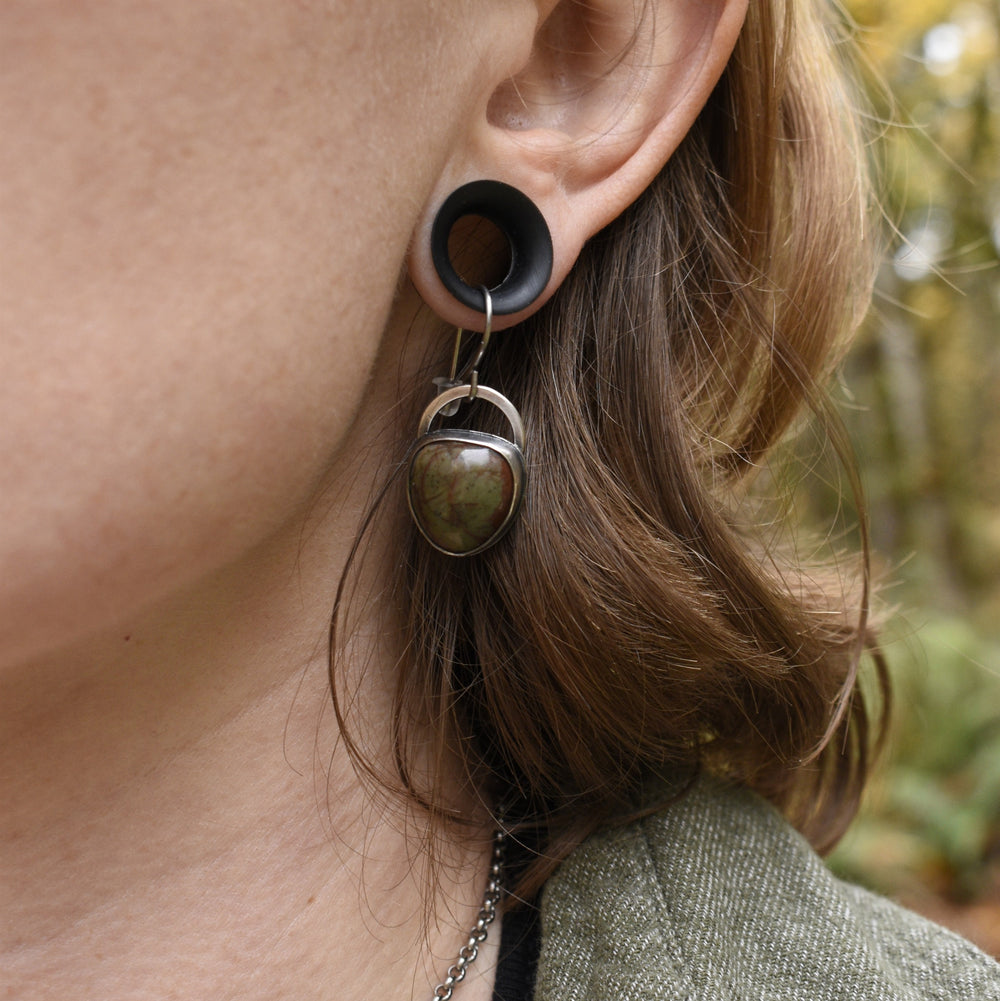 Green Jasper Earrings, Sterling Silver with Titanium Hooks