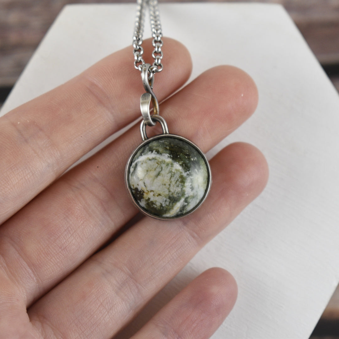 Green and White Jasper Necklace in Sterling Silver with Custom Chain