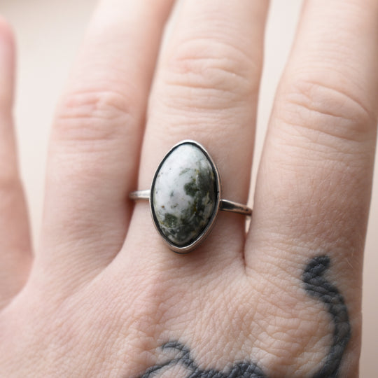 White Green Jasper Ring in Sterling Silver, Adjustable