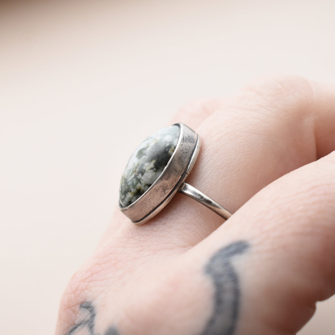 White Green Jasper Ring in Sterling Silver, Adjustable