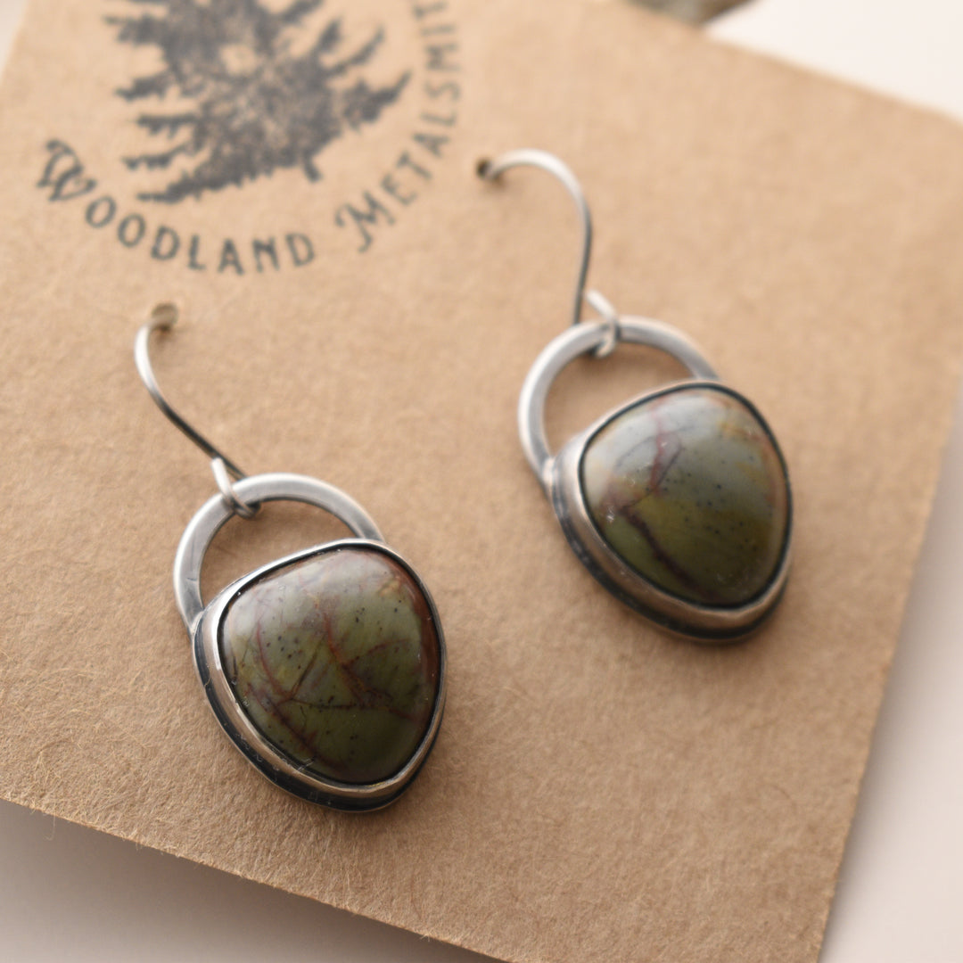 Green Jasper Earrings, Sterling Silver with Titanium Hooks