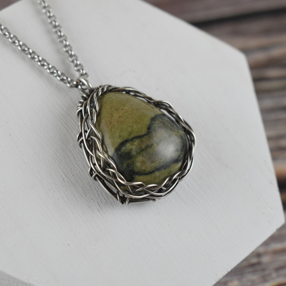 Wire Wrapped Picture Jasper Sterling Silver Pendant Necklace