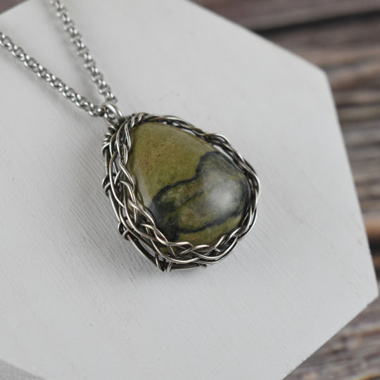 Green Picture Jasper Necklace - Wire Wrapped in Sterling Silver with Custom Chain