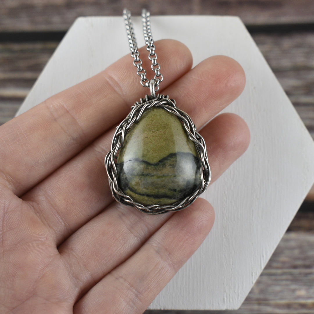 Green Picture Jasper Necklace - Wire Wrapped in Sterling Silver with Custom Chain