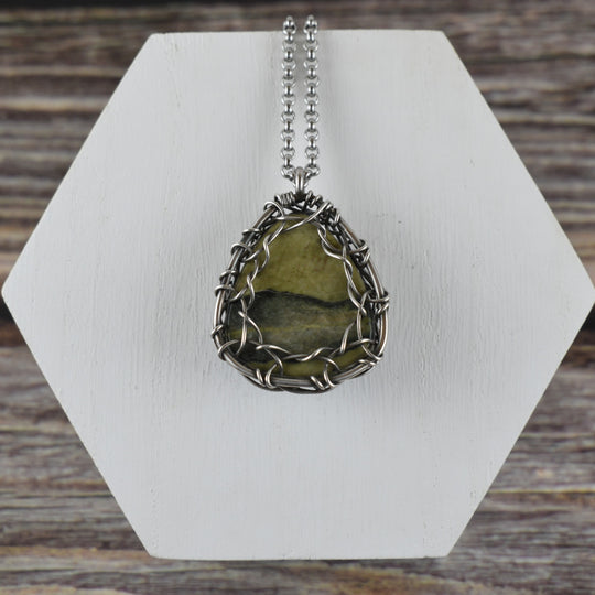 Green Picture Jasper Necklace - Wire Wrapped in Sterling Silver with Custom Chain