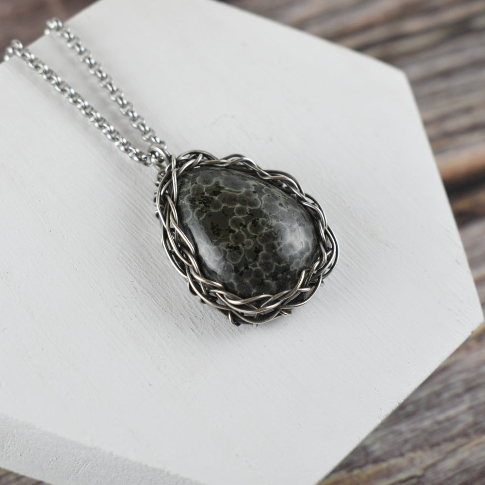 Wire Wrapped Purple Variolite Silver Pendant Necklace