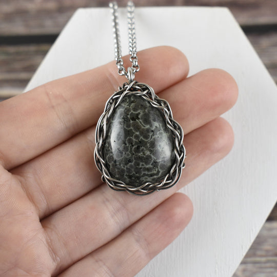 Wire Wrapped Purple Variolite Silver Pendant Necklace