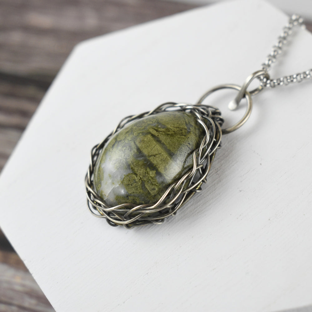 Wire Wrapped Epidote Pendant Necklace