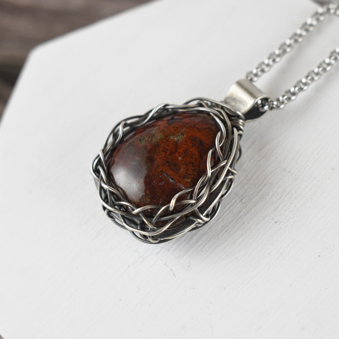 Red Jasper Pendant - Wire Wrapped in Sterling Silver with Custom Chain