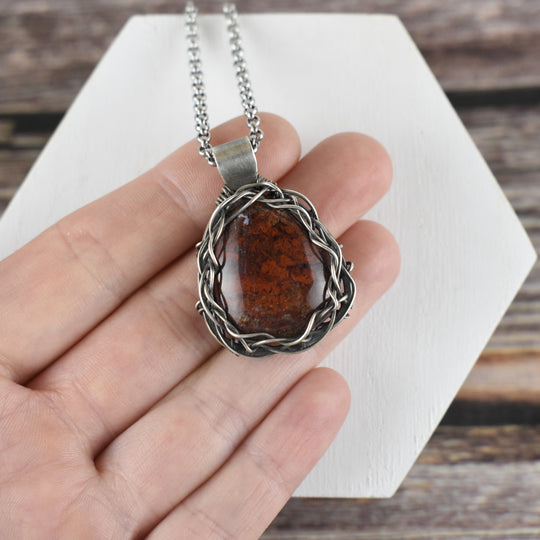 Red Jasper Pendant - Wire Wrapped in Sterling Silver with Custom Chain