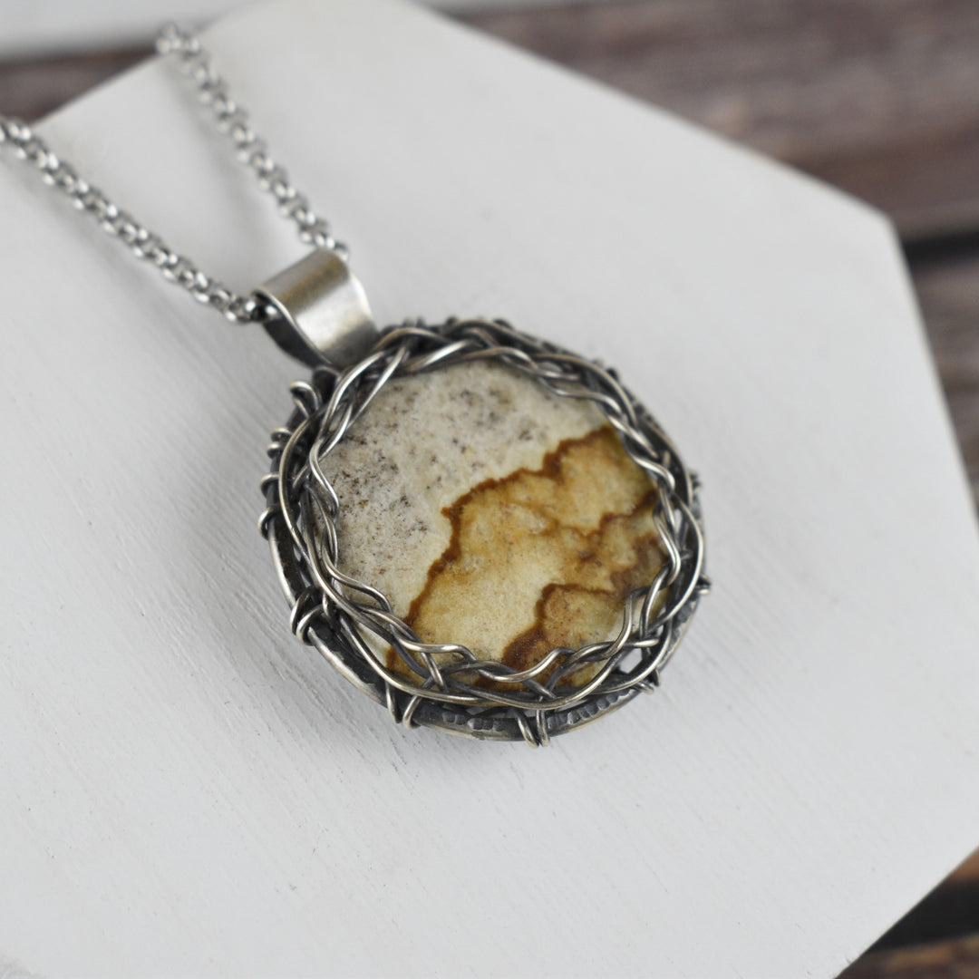 Wire Wrapped Picture Jasper Pendant in Sterling Silver with Custom Chain